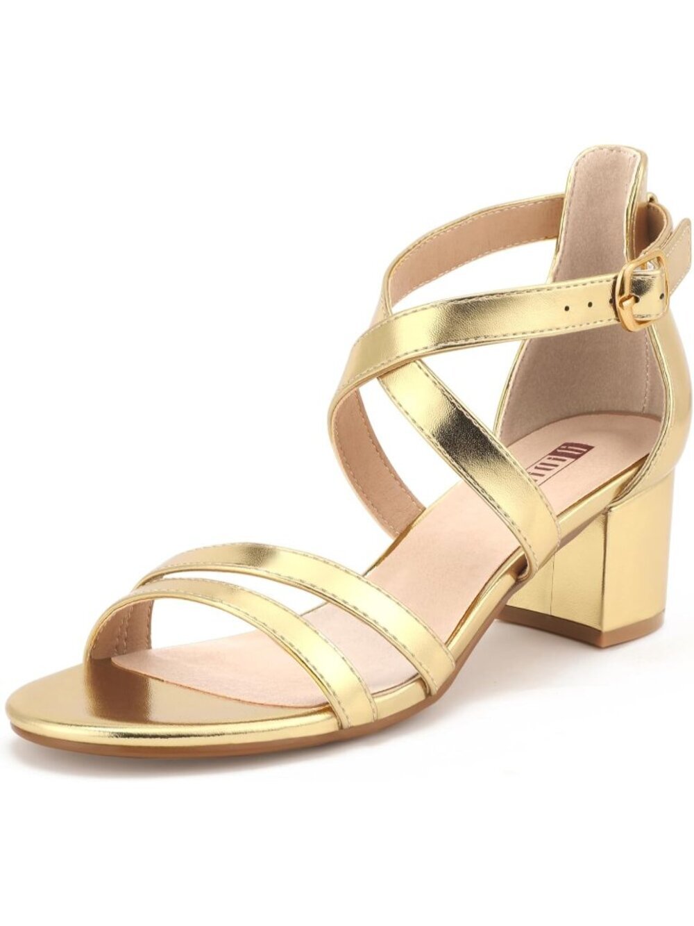 Women's Gold Pu Block Low Chunky Heel Open Toe Ankle Strap Dress Sandals